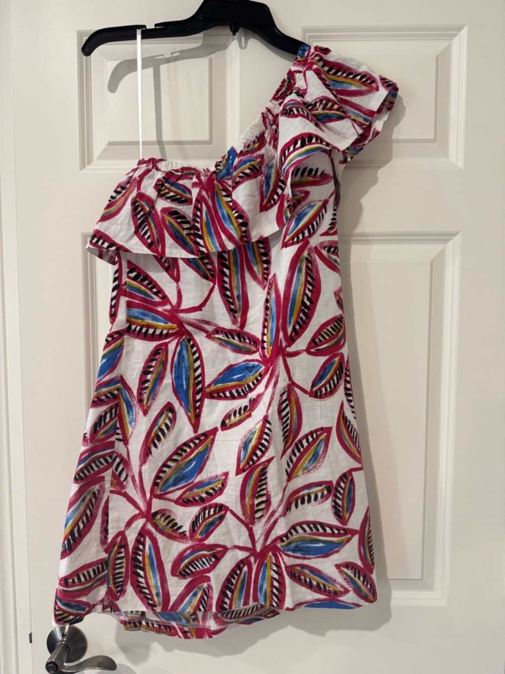 J Crew One-Shoulder Ruffled Leaf-Print Dress - Pink Multi